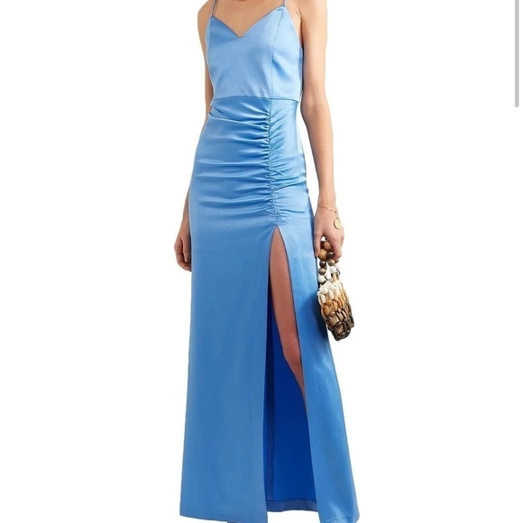 Alice & Olivia Diana Satin Ruched Satin Slit Maxi Dress Blue Formal Evening - Picture 3 of 15
